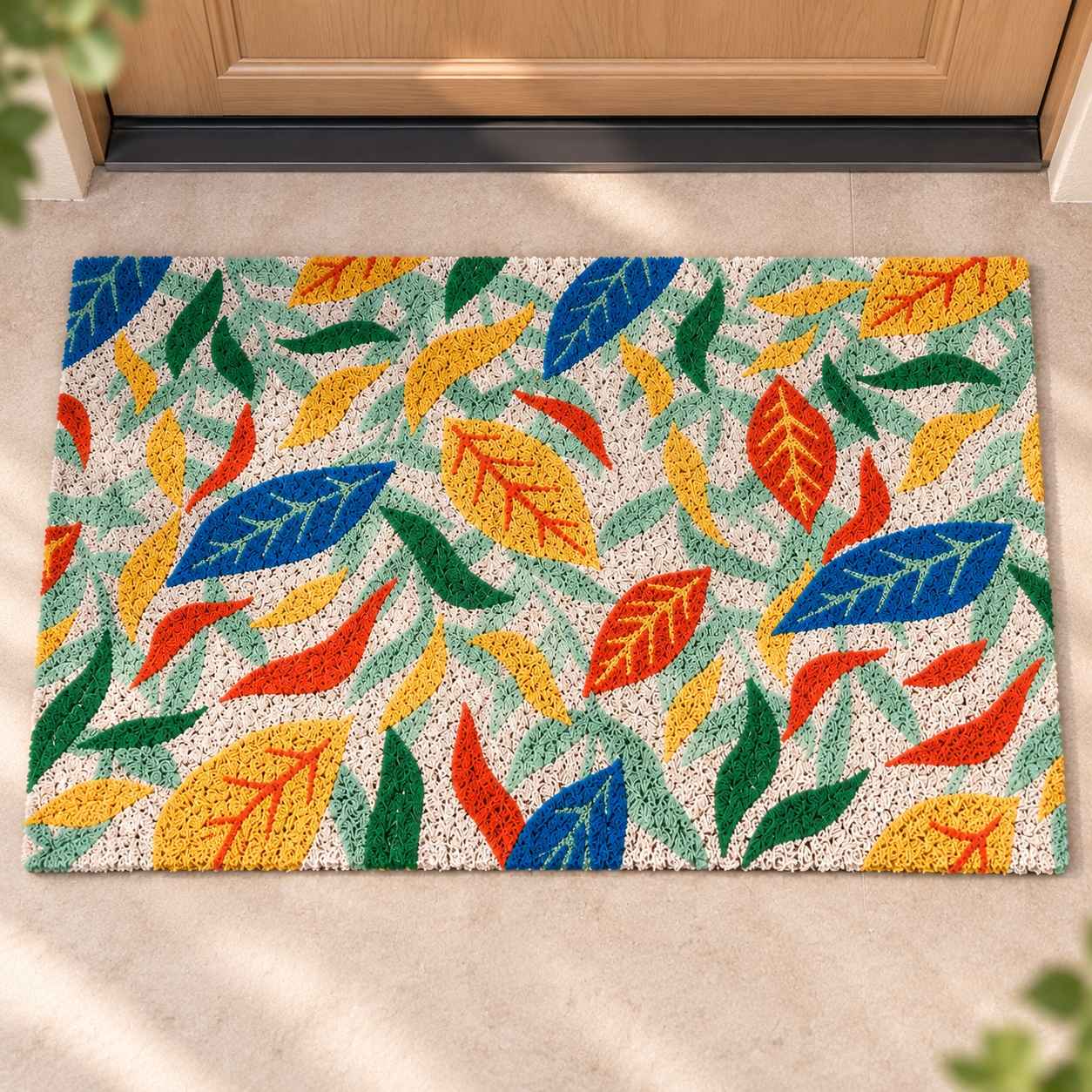 SCREEN PRINTED BOTANICAL LEAVES COIR DOORMAT WITH PVC BACKING OUTDOOR & GARDEN