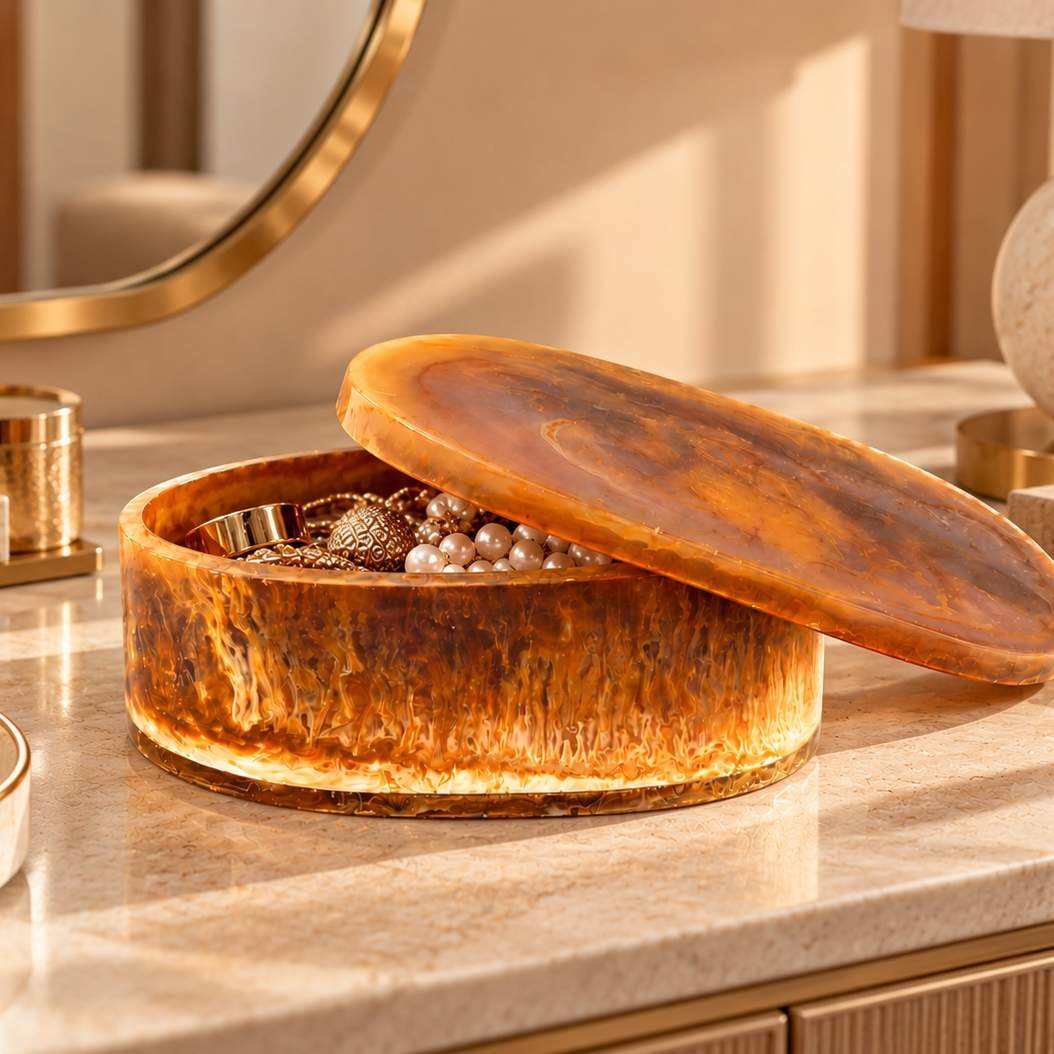 Handcrafted Amber Brown Textured Oval Resin Keepsake Box