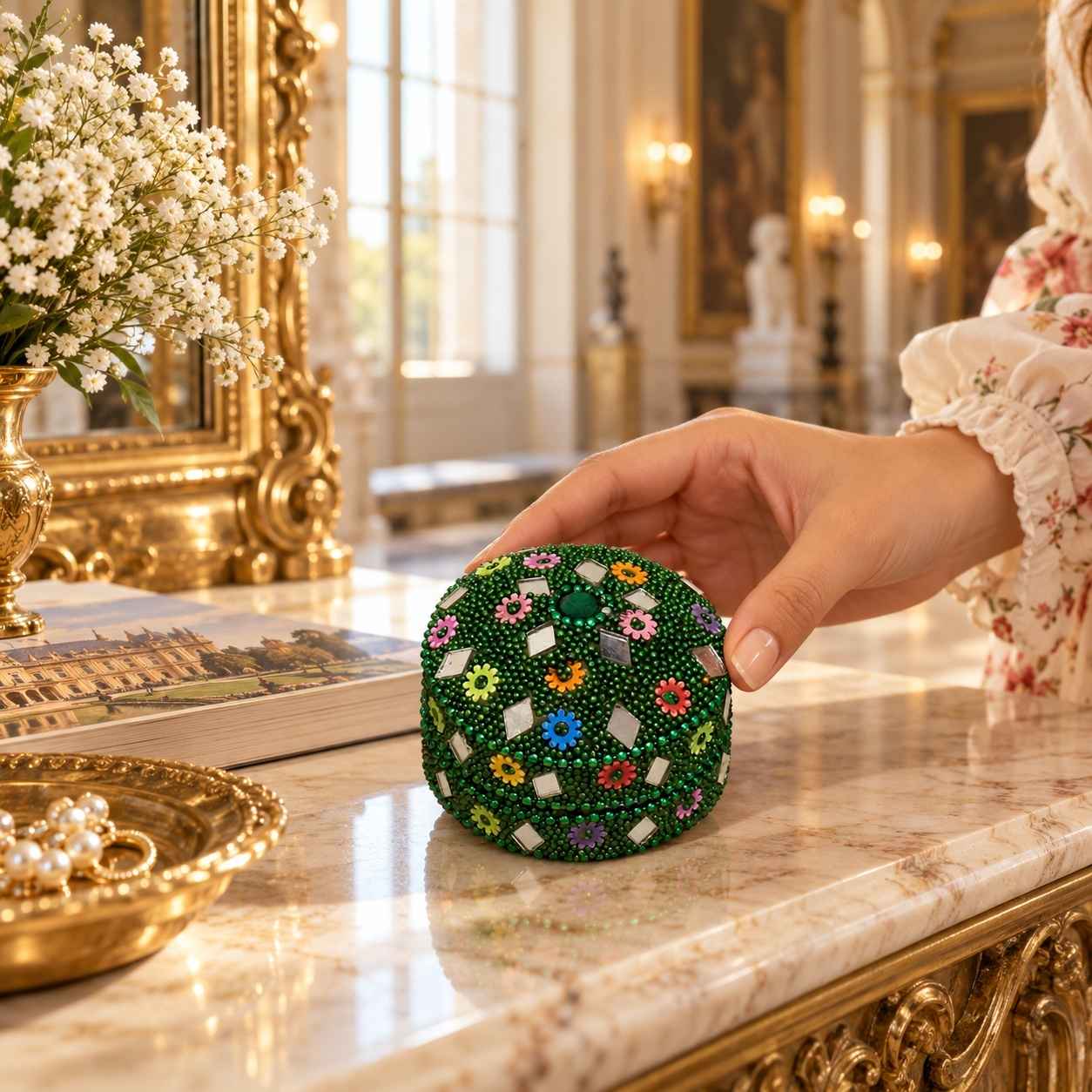 Handcrafted Green Lac Embellished Pill Box