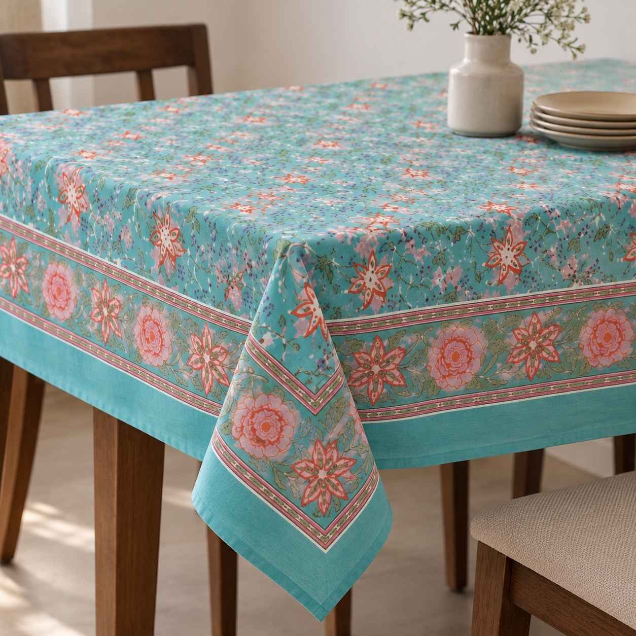 Handcrafted Turquoise Cotton Block Printed Tablecloth