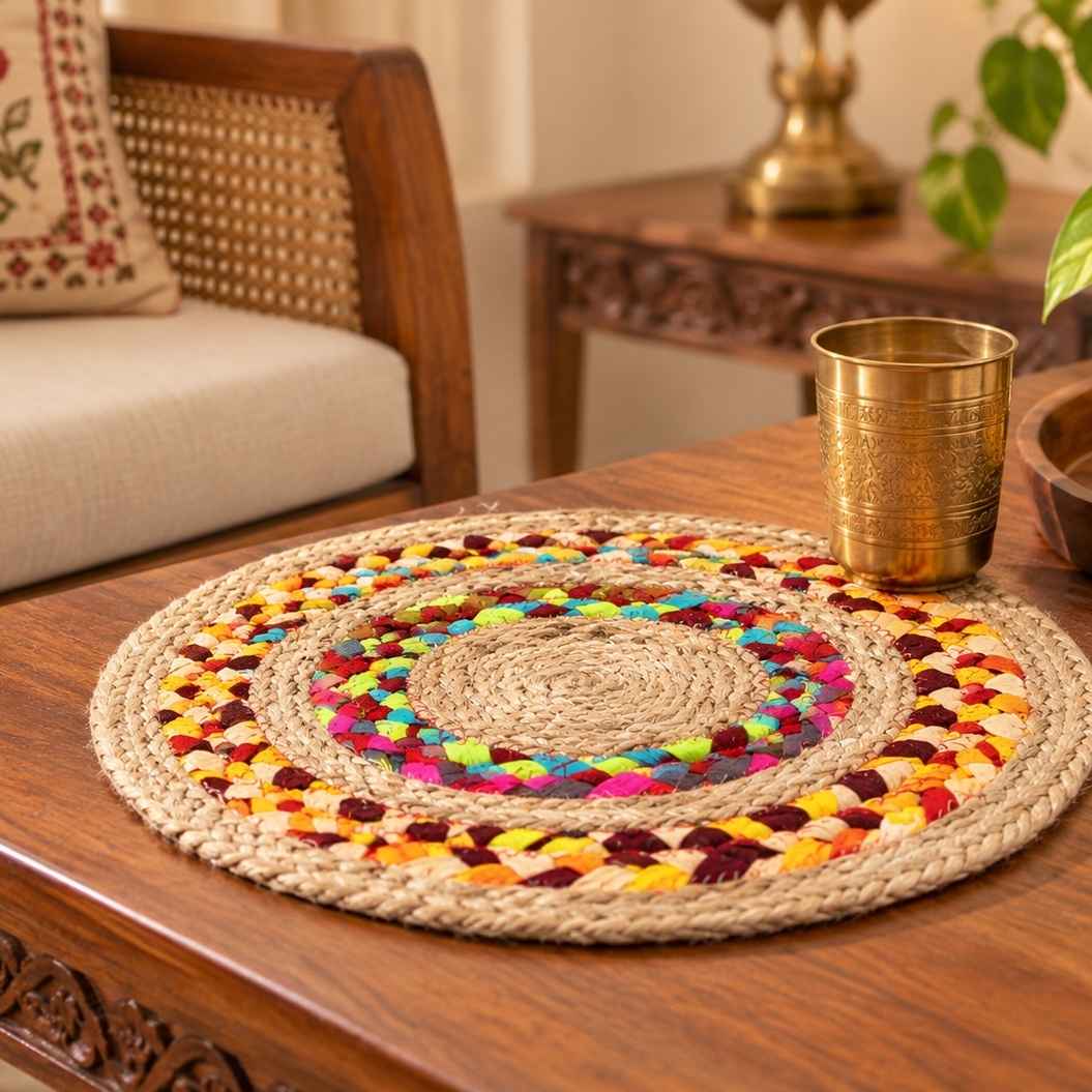 Handcrafted Round Braided Jute & Recycled Cotton Placemat