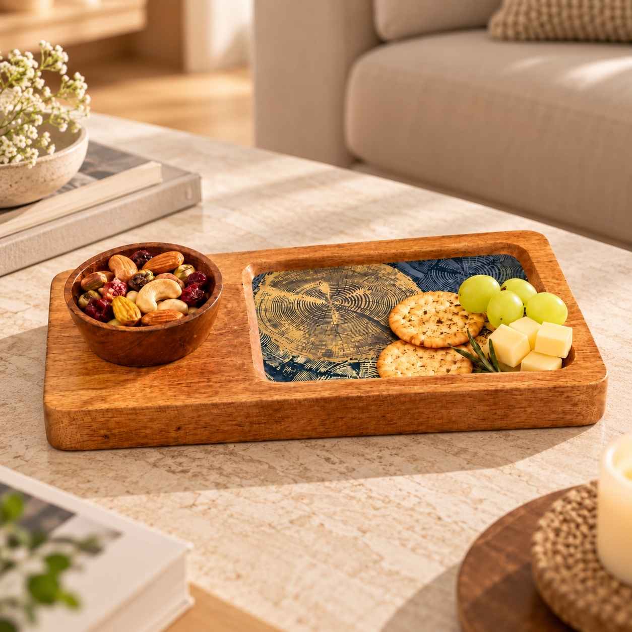 Handcrafted Acacia Wood Serving Platter with Dip Bowl HOME & KITCHEN