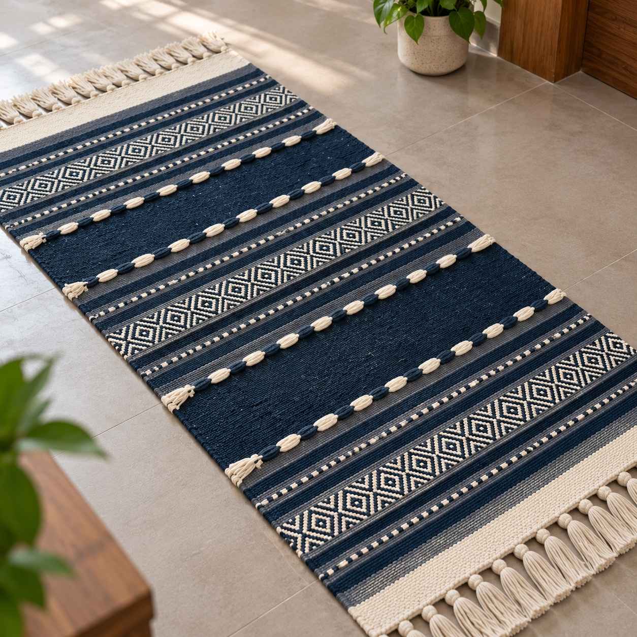 Handwoven Cotton Paddle Dhurrie Rug with Geometric Diamond Stripes