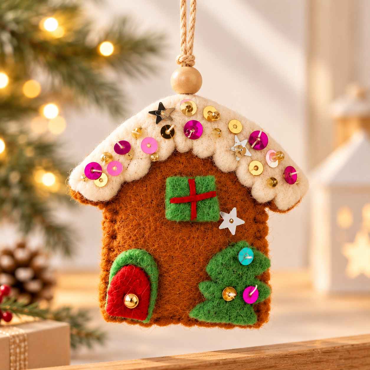 Handmade Wool Felt Gingerbread House Hanging Ornament