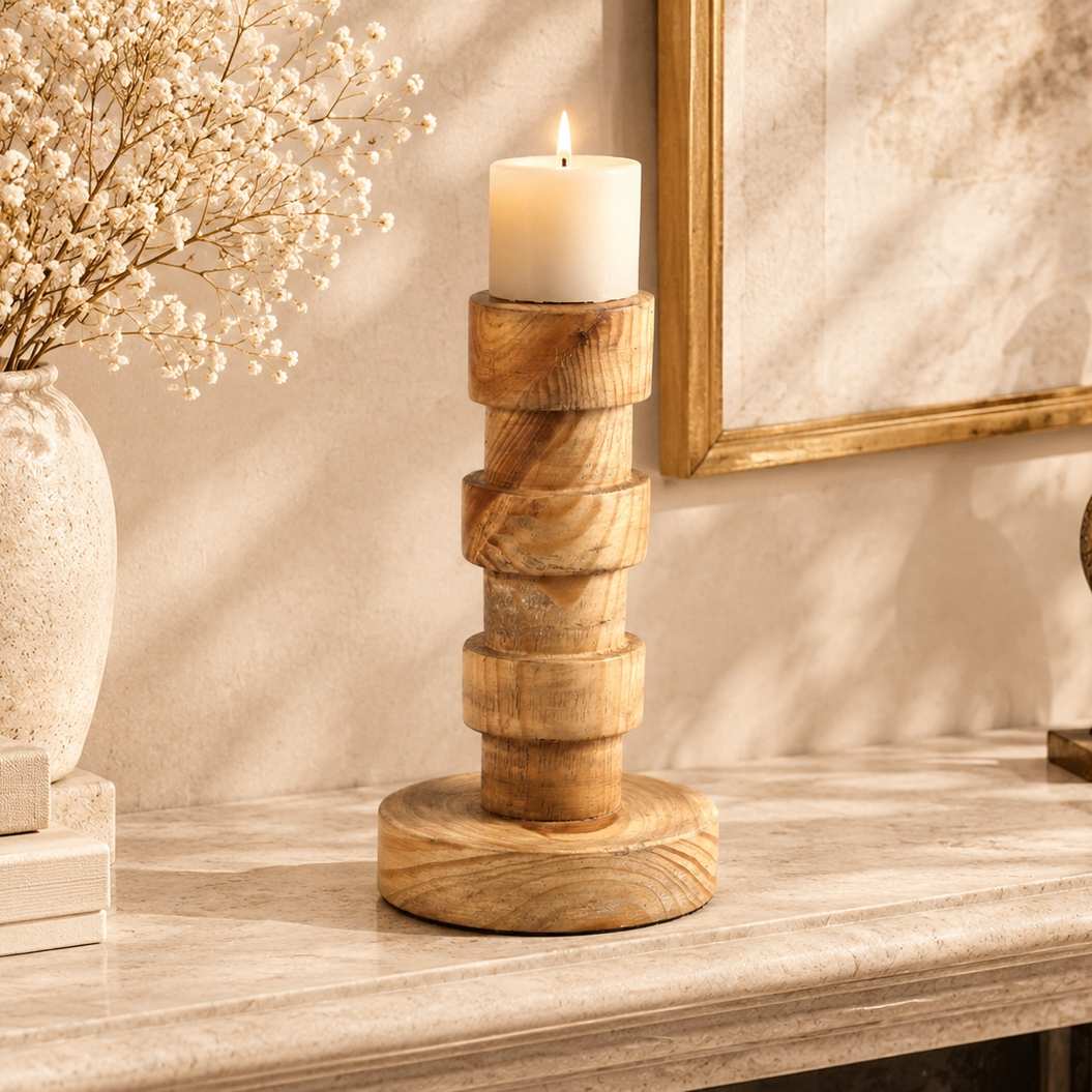 Handcrafted Neem Wood Pillar Candle Holder