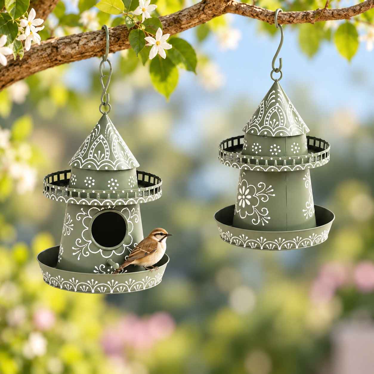 HANDCRAFTED SAGE GREEN HANGING IRON BIRDHOUSE & FEEDER