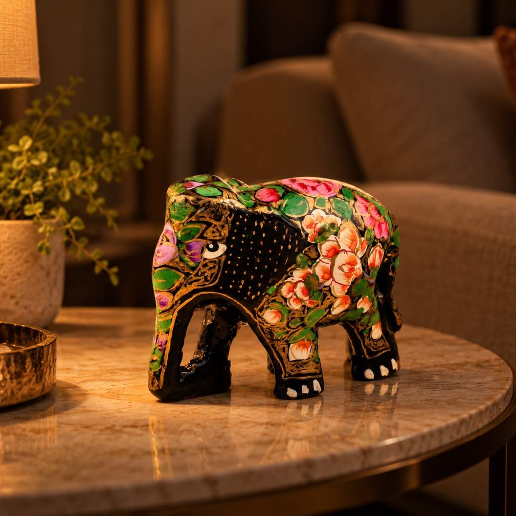 Handpainted Kashmiri Badloo Wood Elephant Figurine