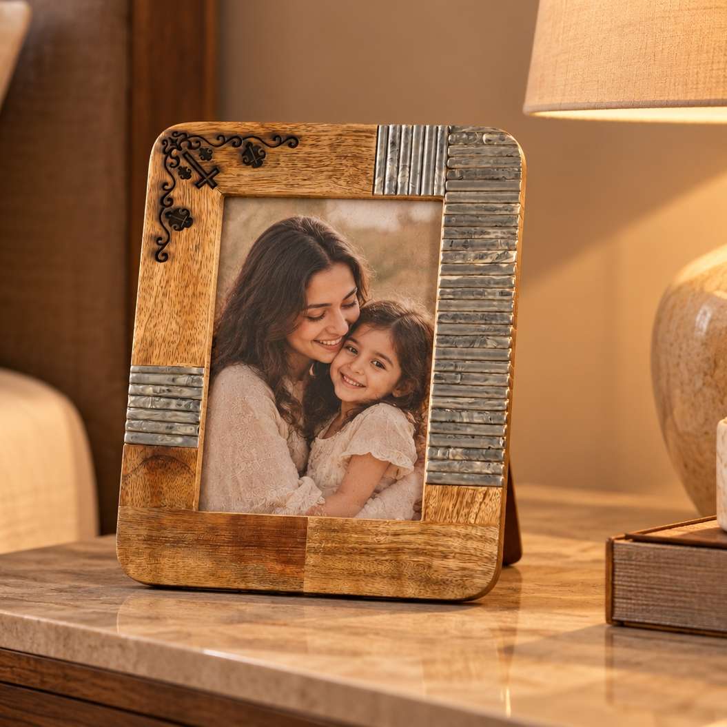 Handcrafted Mango Wood & Grey Resin Laser-Engraved Photo Frame
