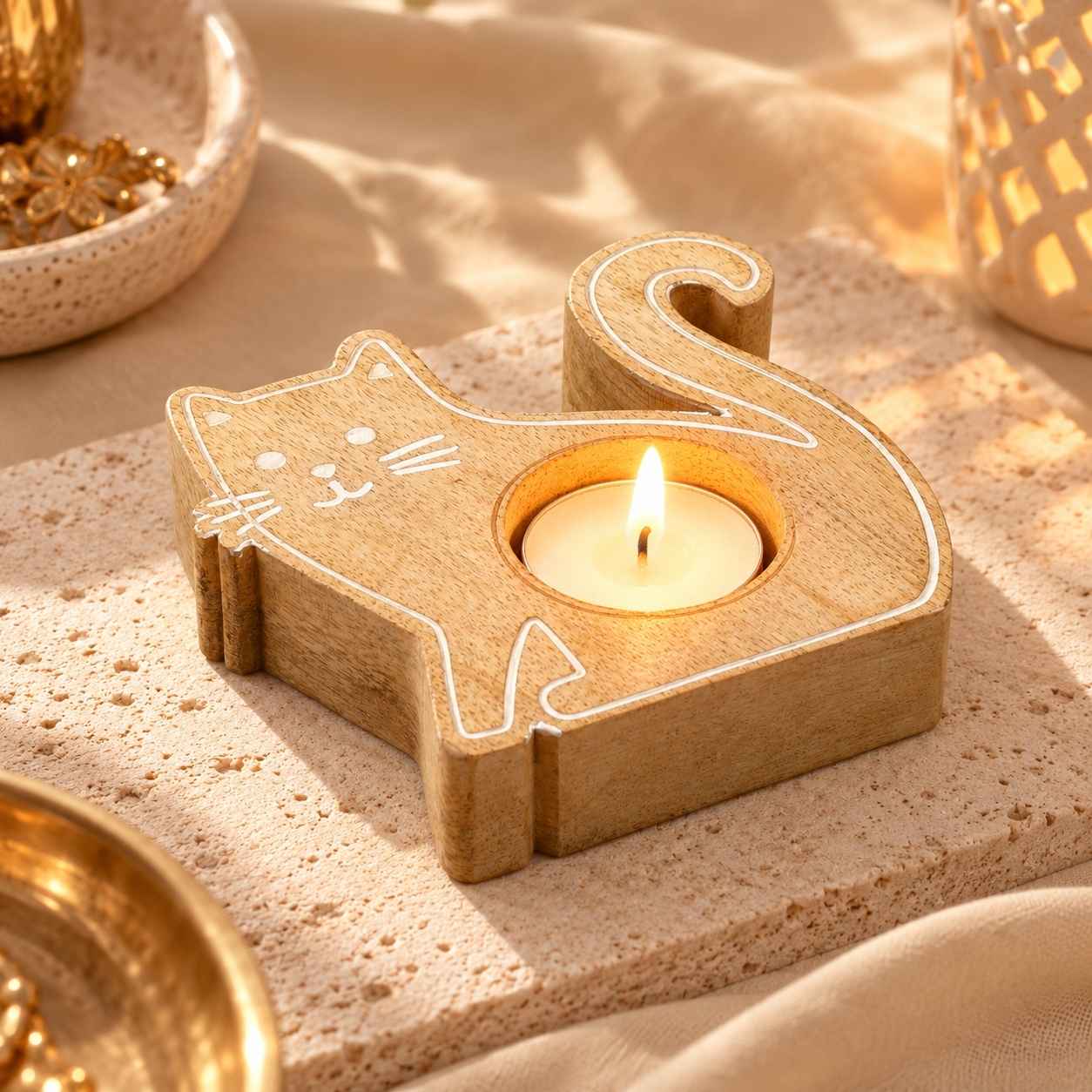 Handcrafted Mango Wood Cat Tealight Holder