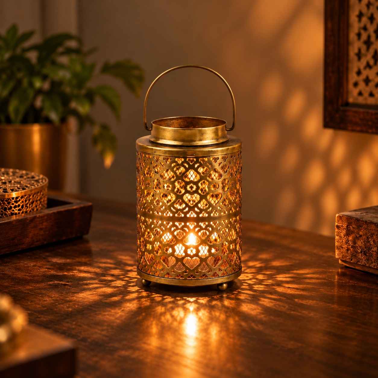 Handcrafted Antique Gold Iron Cut-Work Tealight Lantern.