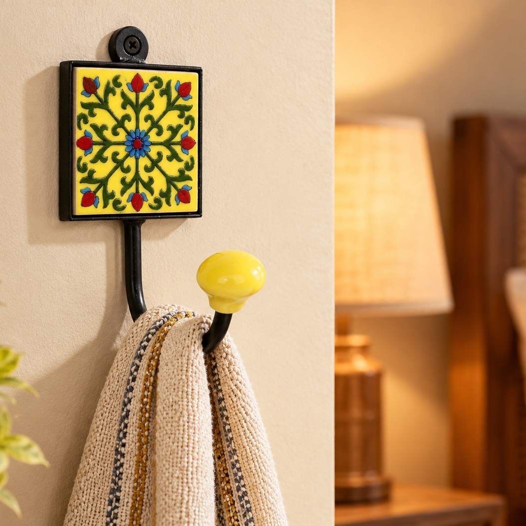 Black Iron Single Coat Hook with Floral Ceramic Tile