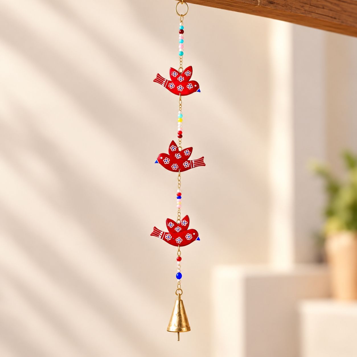 HANDCRAFTED RECYCLED IRON 3-BIRD HANGING CHIME WITH BELL