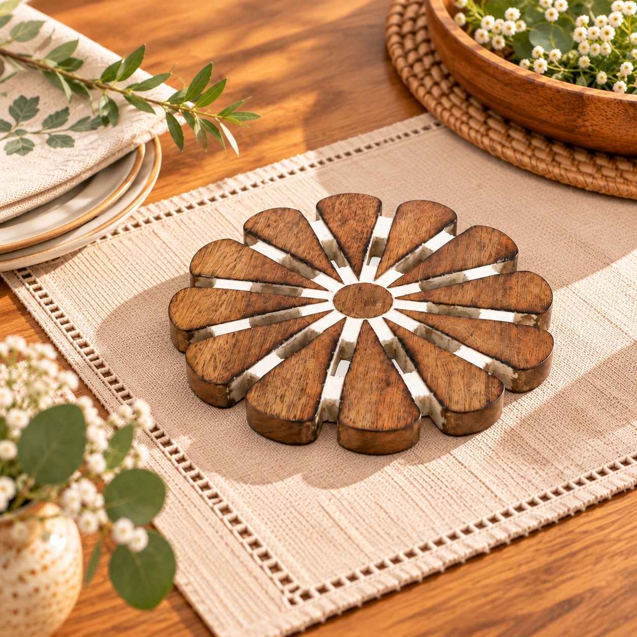 Handcrafted Mango Wood Floral Trivet Home & Kitchen