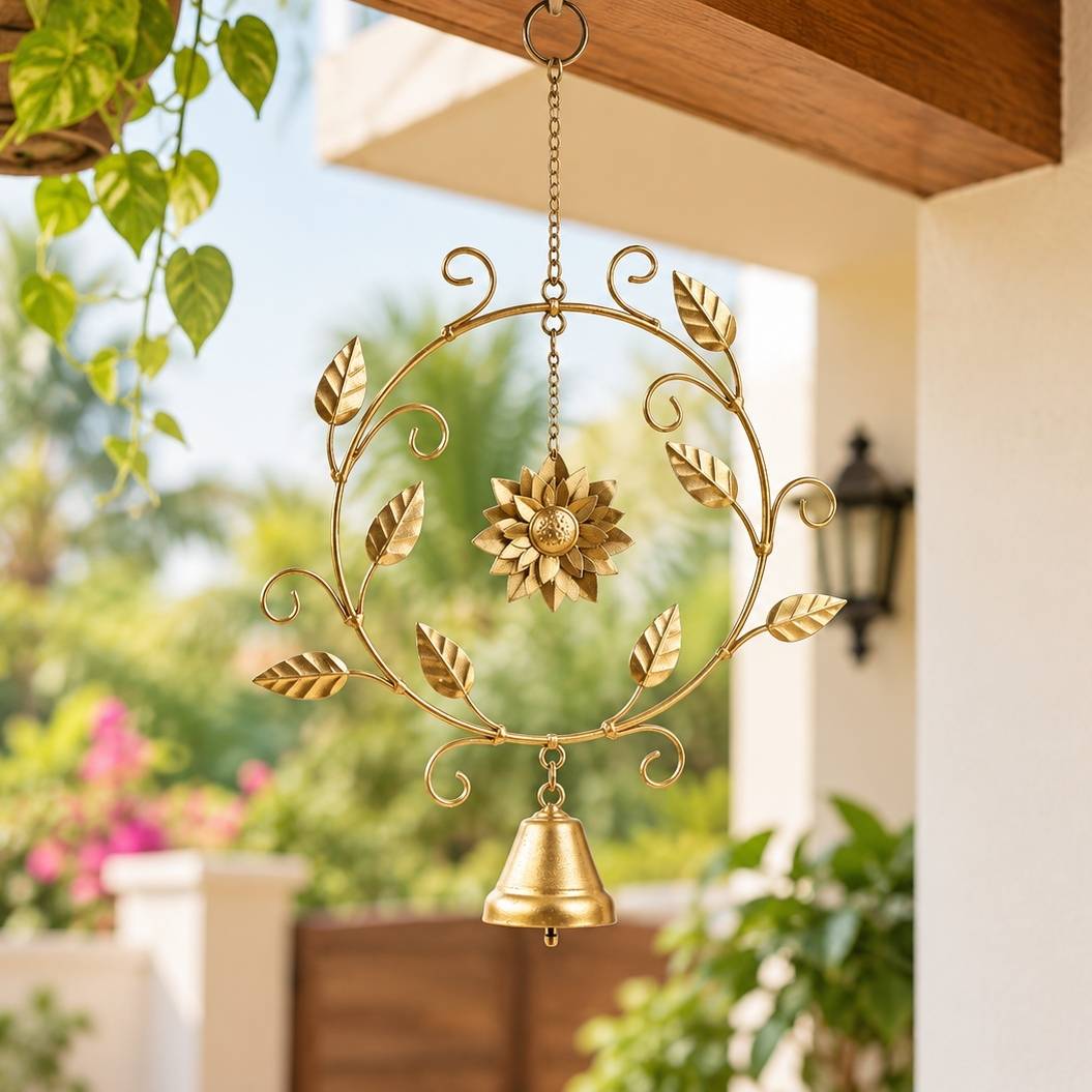 Handcrafted Recycled Iron Floral Ring Chime with Bell Outdoor & Garden