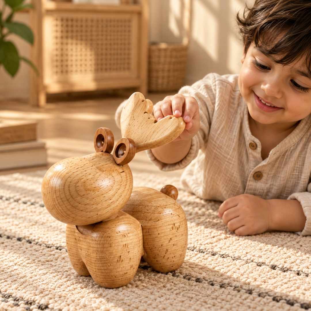 Joyful Toddler Playing with Wooden Deer Toy