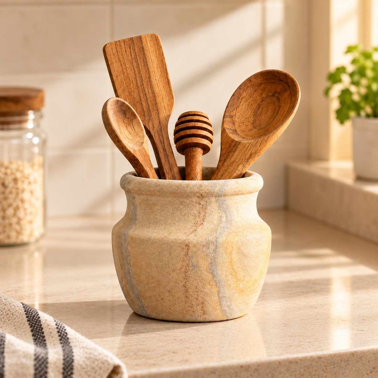 Handcrafted Natural Sandstone Utensil Holder Pot Home & Kitchen
